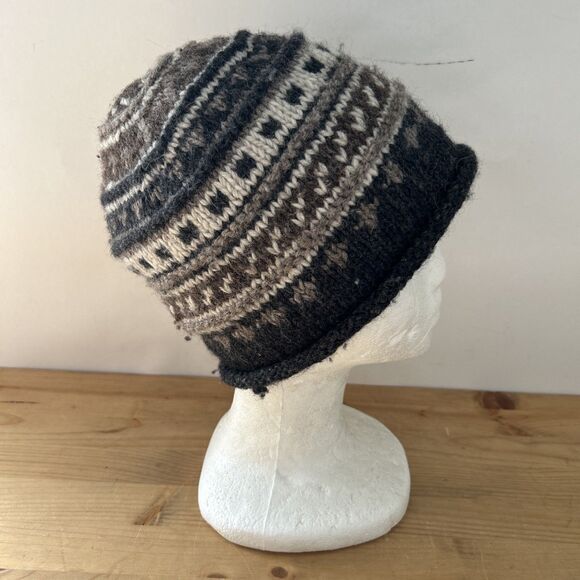 Everest Designs Skull Cap Brown/Charcoal Fair Isle Wool Lined Beanie Hat Nepal - Picture 3 of 11